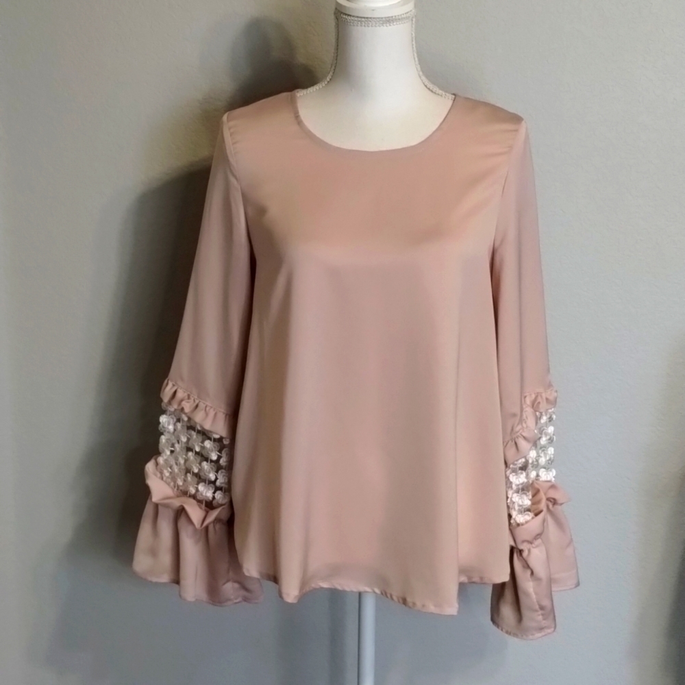 Love Riche Blouse Small Lt Pink Long Sleeve Lightweight